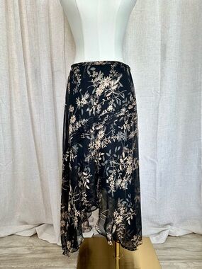 Adrianna Papell Silk Black and Cream Floral Asymmetrical Skirt